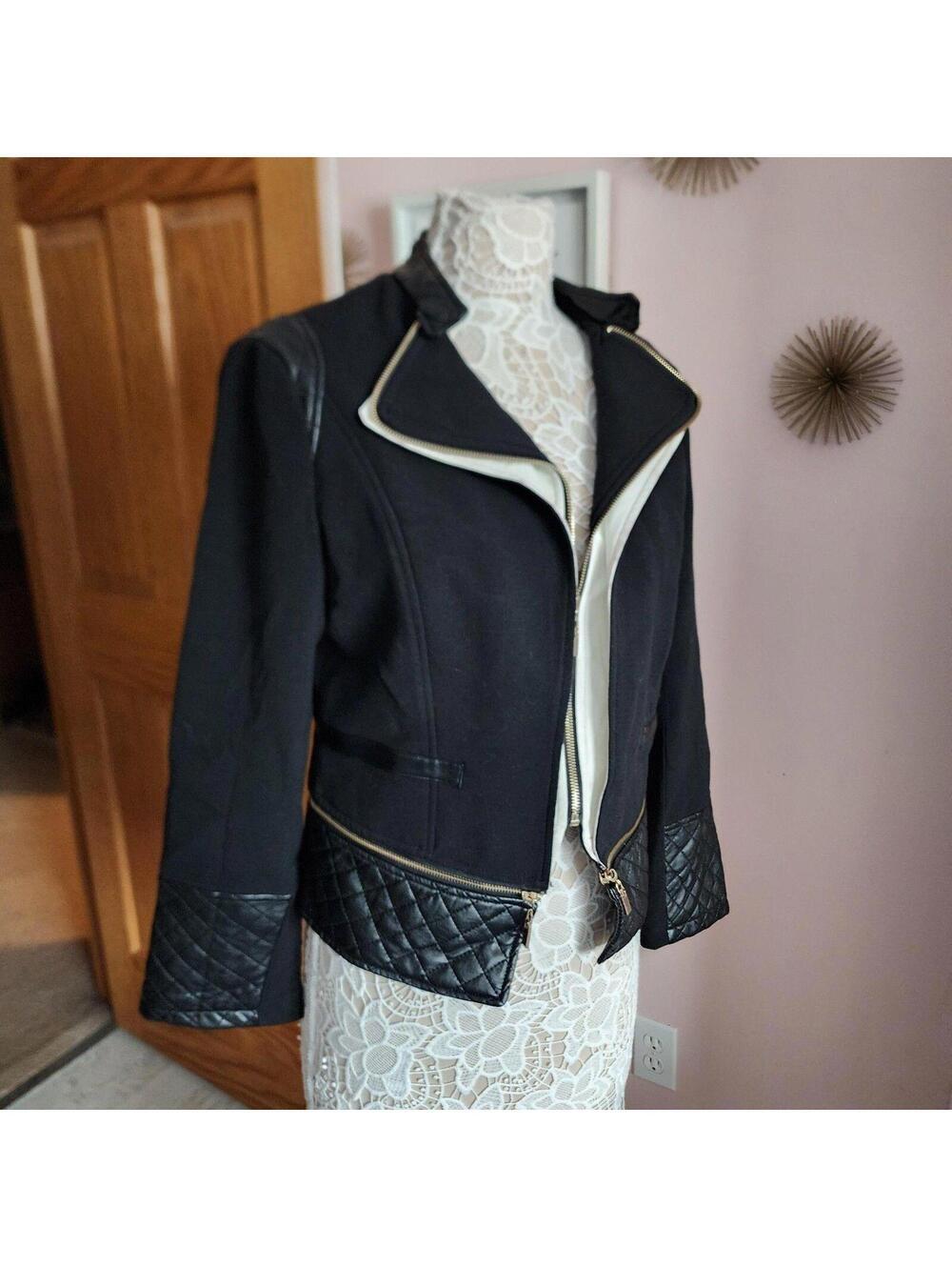 NWT LUII Zip Front Jacket Blazer Black Faux Leather Trim Large